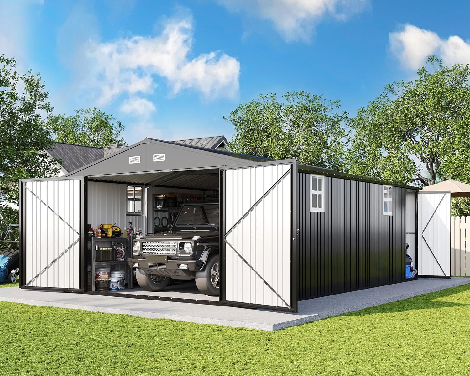 AMERLIFE 13x21x8 FT Outdoor Metal Garage Shed, Extra Large Storage Shed with Double Hinged Doors, 4 Windows, Heavy Duty Carport for Cars, Boats, Trucks and Equipment Storage,...