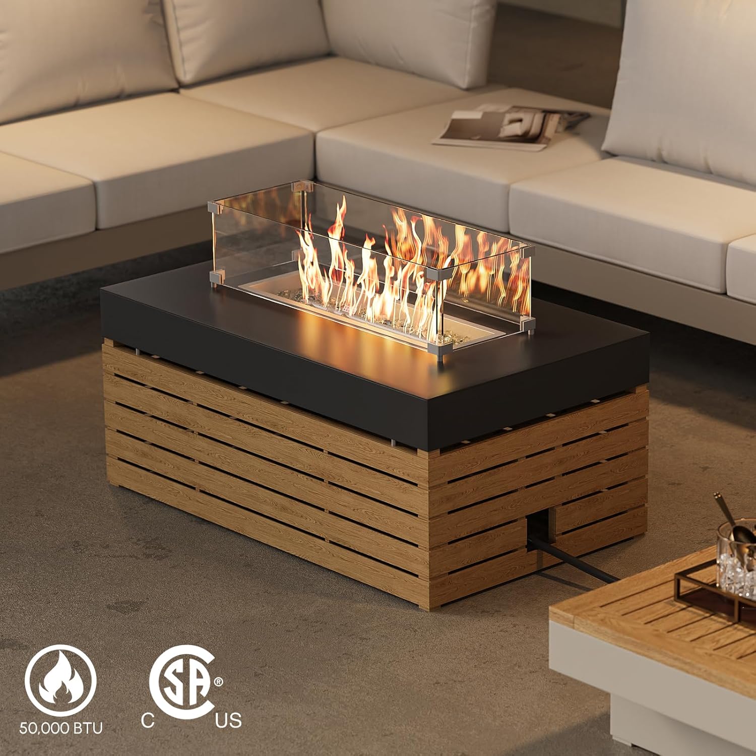 homary Patio Conversation Sets with Fire Pit-Modular Outdoor Sofa Aluminum & Teak Outdoor Sofa Se with Glass Wind Guard Ideal for Patios & Balconies, Light Gray