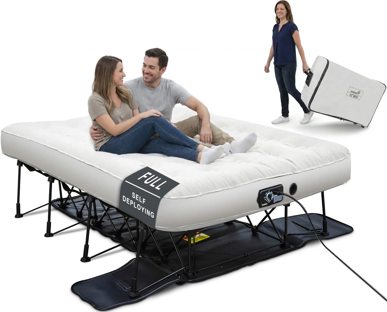 Ivation EZ®-Bed (Full) Inflatable Air Mattress with Frame & Built-in Pump - 3 Min Self Inflate/Deflate - Raised Blow up Bed with Legs, Auto Shut Off, Premium Coil Design,...