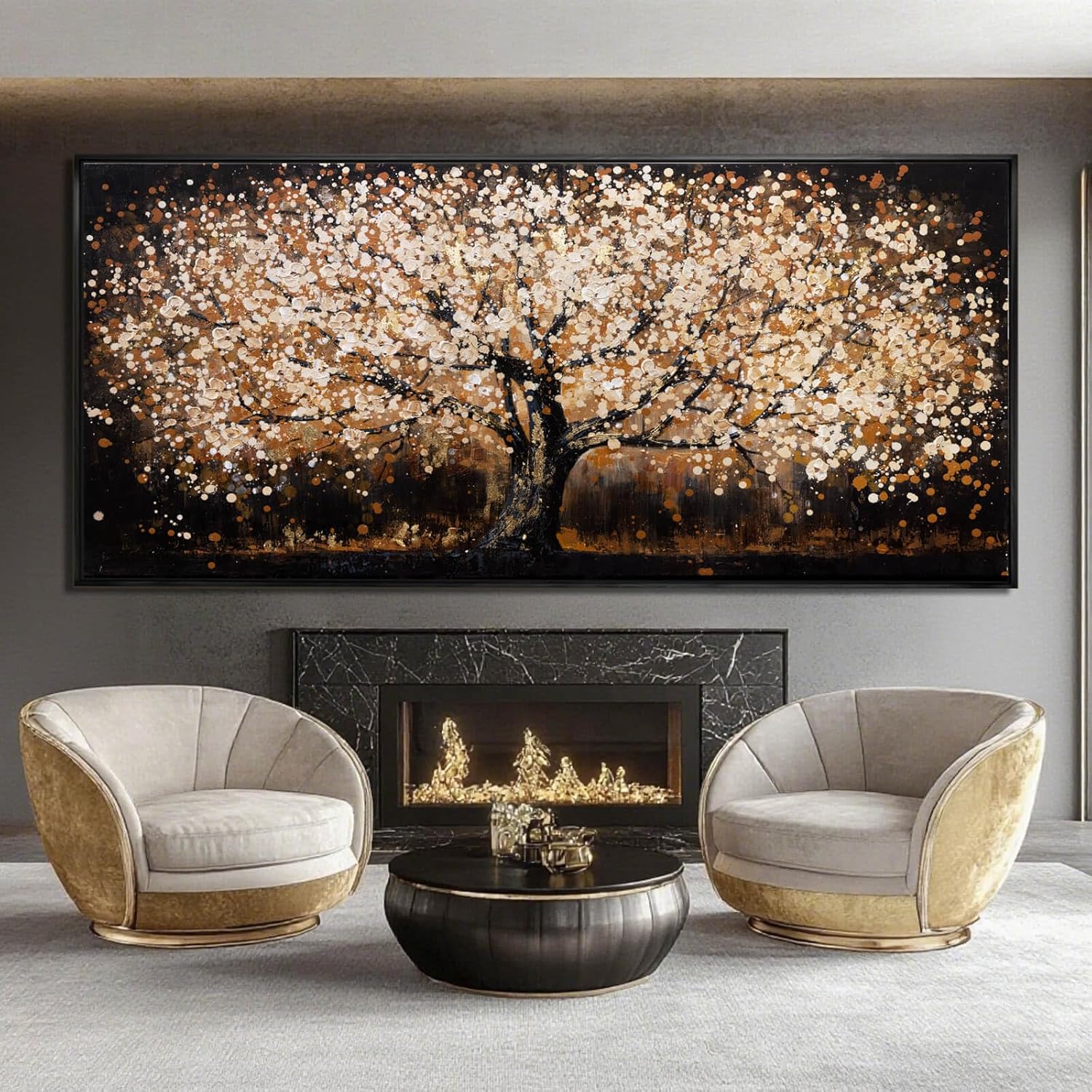 Gold Tree Art Landscape Canvas Wall Art Neutral Art Prints for Dining Room Black Pictures Wall Decor for Living Room Home Hotel Hanging Artwork 32"x 70"