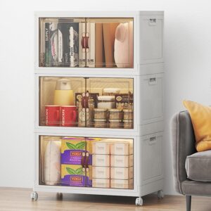 Stackable Storage Bins with Lids, Large Collapsible Storage Bins with Wheels, Plastic Cabinet with Doors, Foldable Closet Organizers for Home, Dorm, Office (White-55QT, 3Pack...